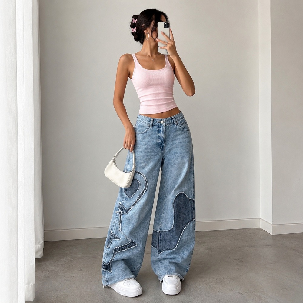 PacSun 90s Baggy Wide Leg Patchwork Jeans Womens 25 Blue Y2K Grunge Retro Look